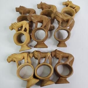Wooden Lion Animal Napkin Rings Set of 9 Hand Carved in Kenya VTG Handcrafted